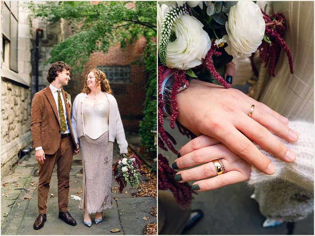 A bride and groom walk to their brunch wedding.