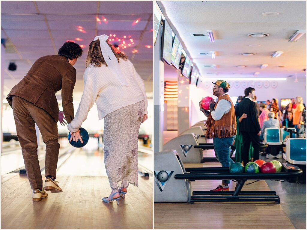 A bride and groom roll a bowling ball at St. Monica Lanes.