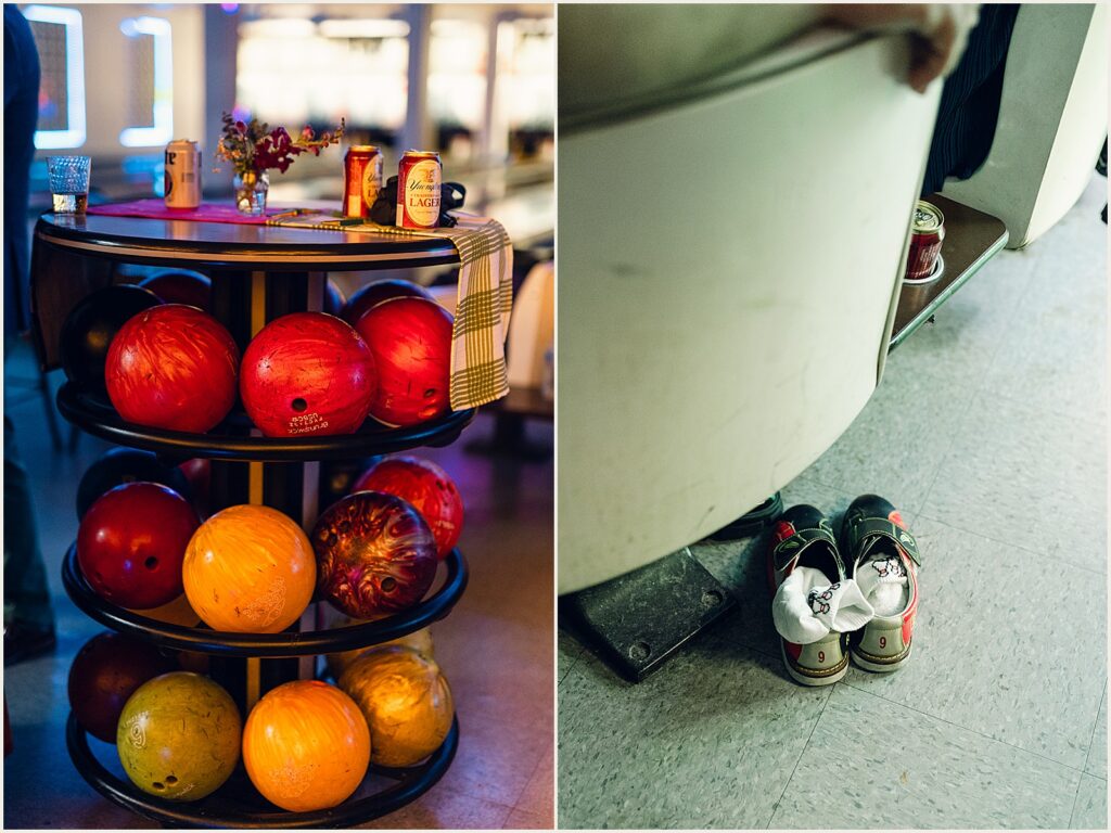 Colorful bowling balls sit on a rack at St. Monica Lanes.