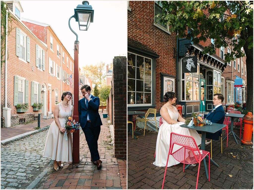 A bride and groom lean against a street post in Old City Philadelphia.