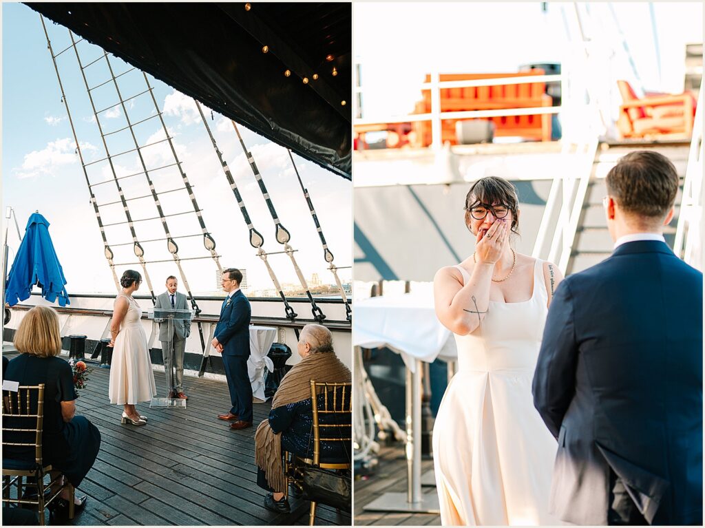A bride laughs during a wedding ceremony aboard the Moshulu Philadelphia.