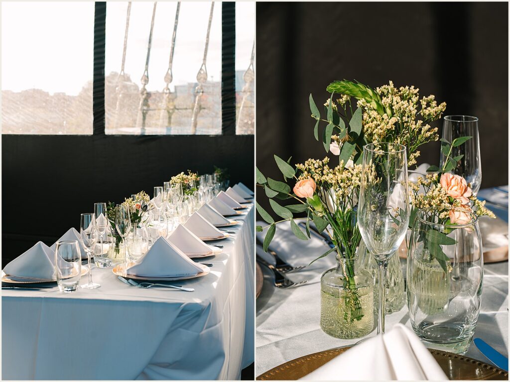 Flowers decorate tables for a wedding at Moshulu Philadelphia.