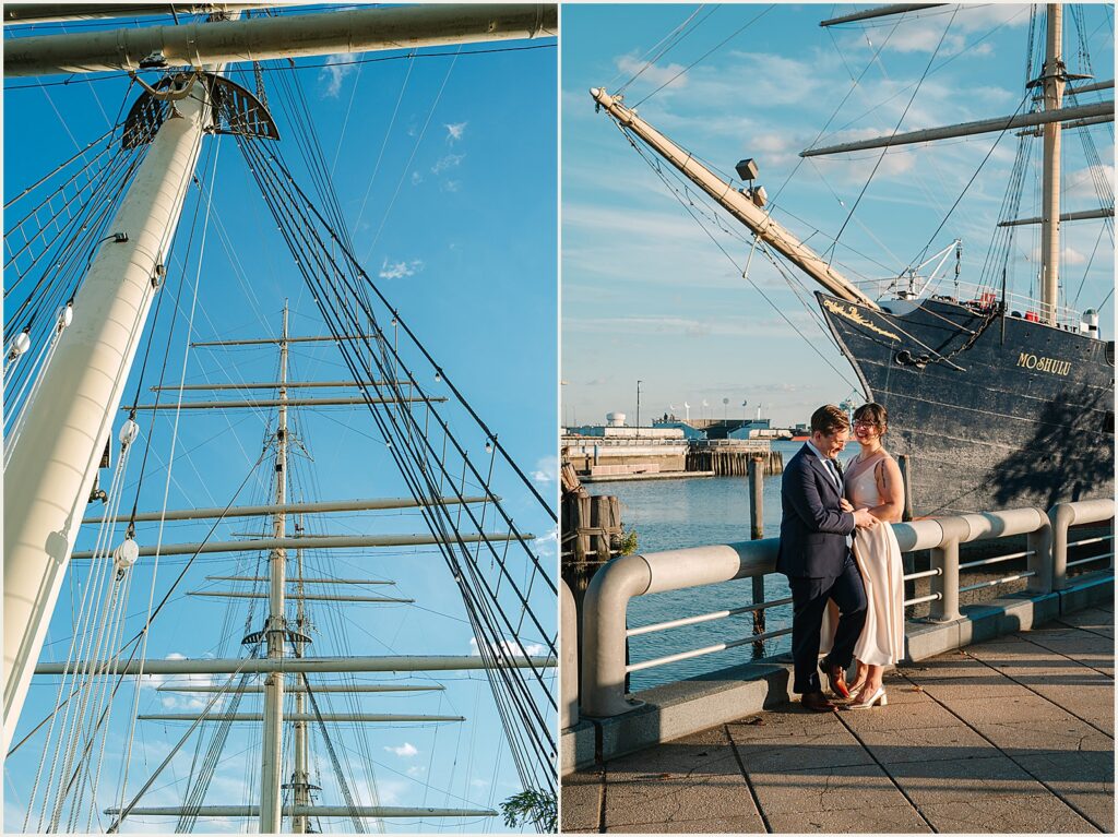 A bride and groom pose for a Philly wedding photographer in front of Moshulu.