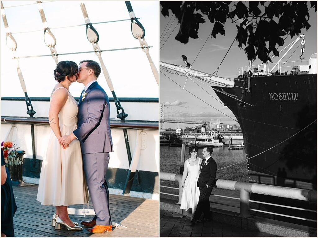 A bride and groom share a first kiss at a Moshulu Philadelphia wedding.