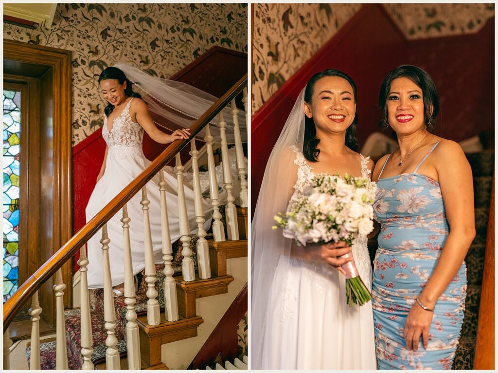 A bride smiles as she walks down a staircase at Cornerstone Bed and Breakfast.