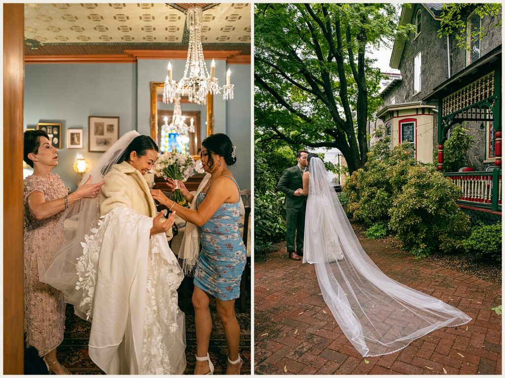 A bride's family helps her don a coat at Cornerstone Bed and Breakfast.