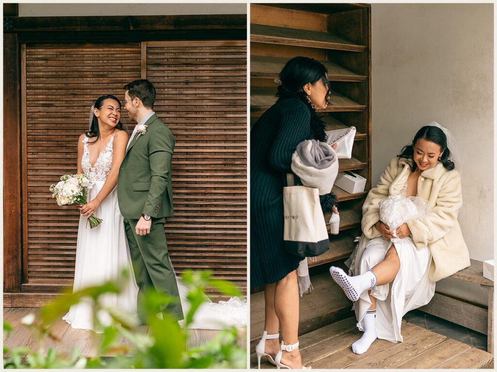 A bride takes off her shoes at Shofuso Japanese Garden.