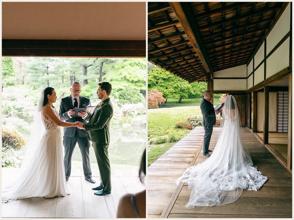 A bride and groom exchange vows at Shofuso Japanese Garden.