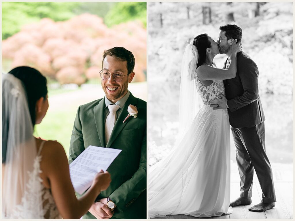 A groom smiles while a bride reads her vows.