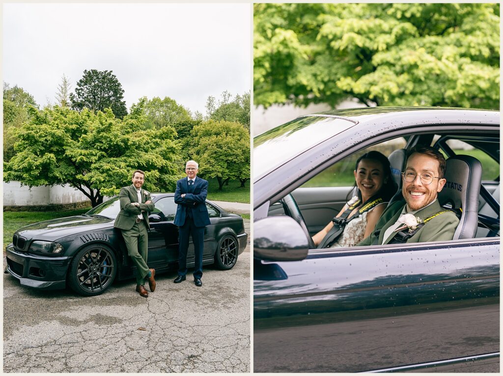A bride and groom get in a car.