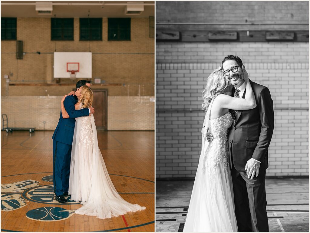 A bride and groom hug in the gym of the BOK Building.