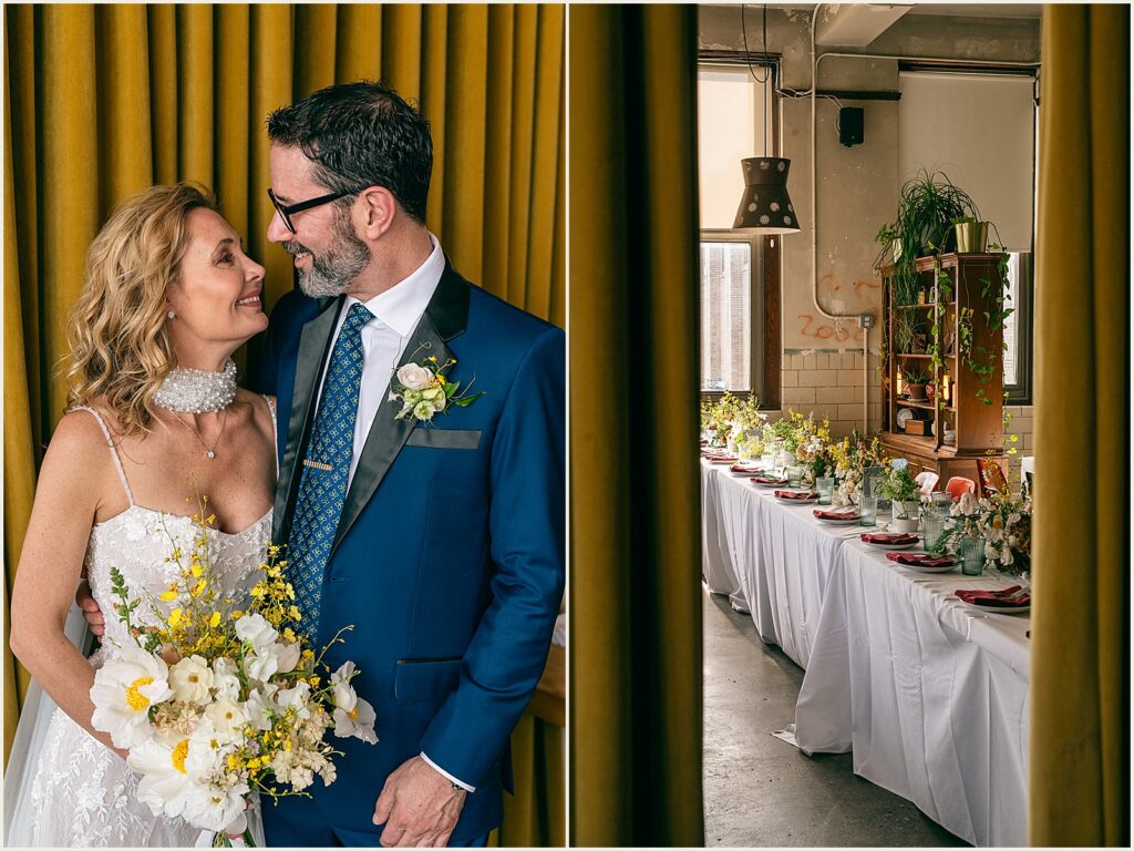 A bride and groom pose in Irwin's Philly.