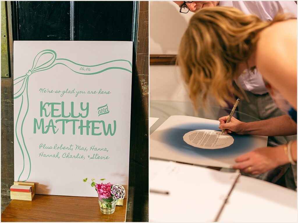 A bride signs a ketubah.
