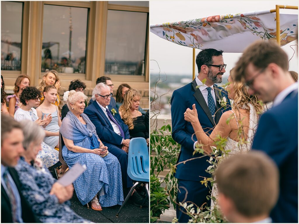 A bride and groom exchange vows at a rooftop wedding venue.