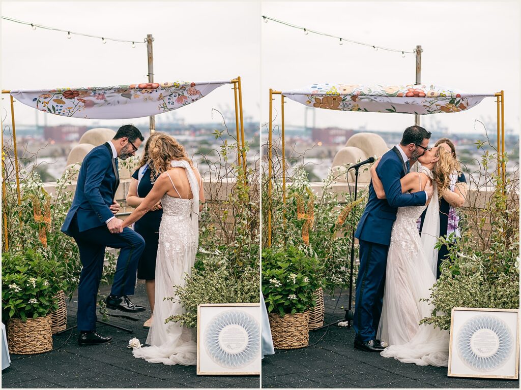 A groom kisses a bride at a BOK wedding.