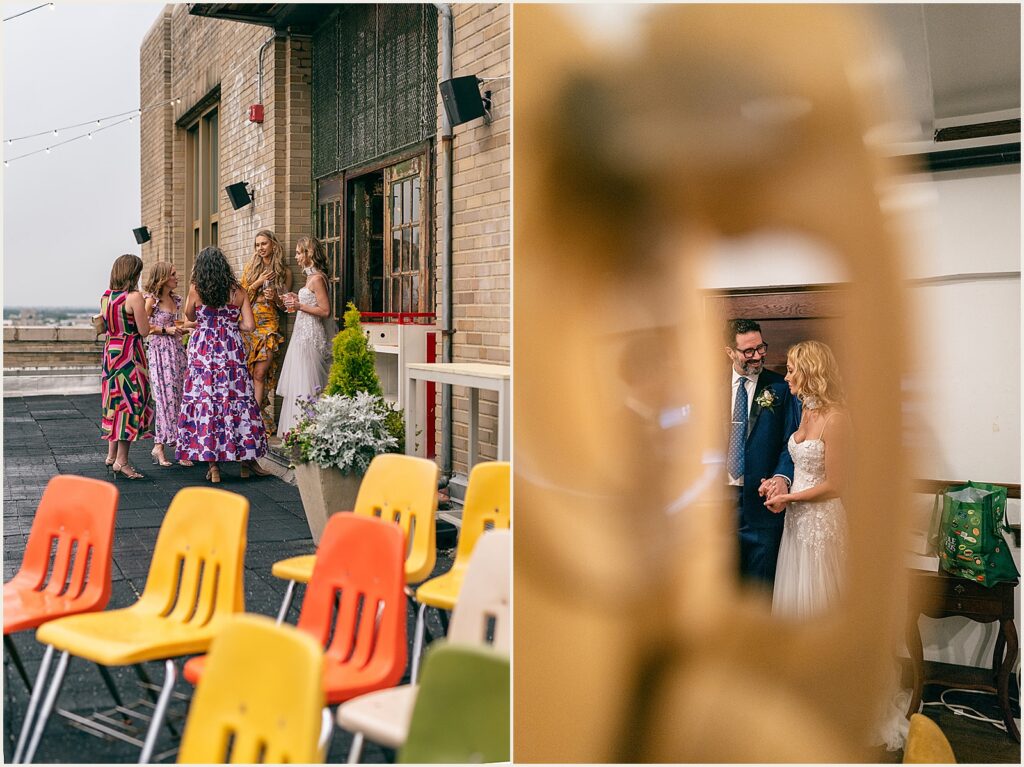 A bride talks with her friends in a doorway.