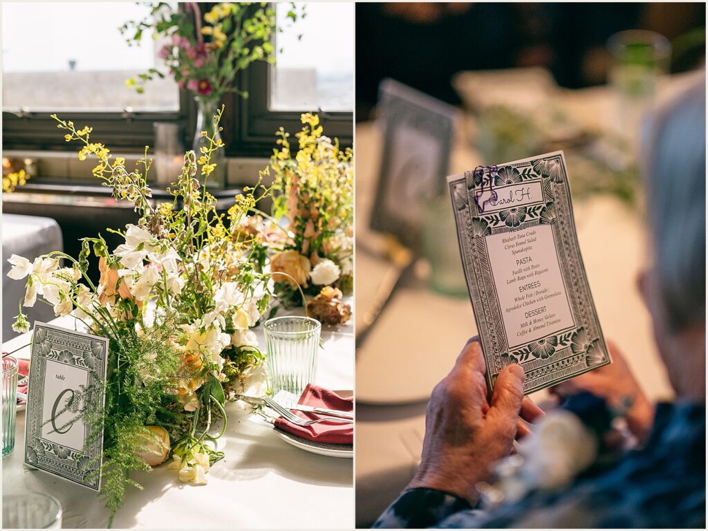 A wedding guest holds a menu at Irwin's.