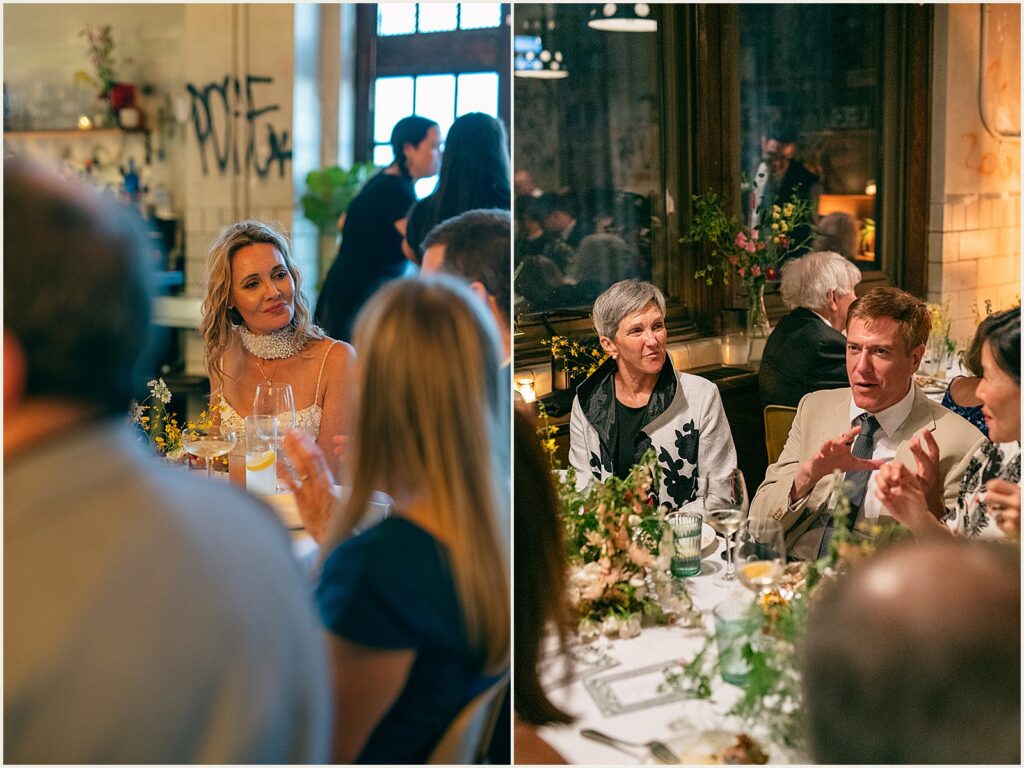 A bride listens to a toast.